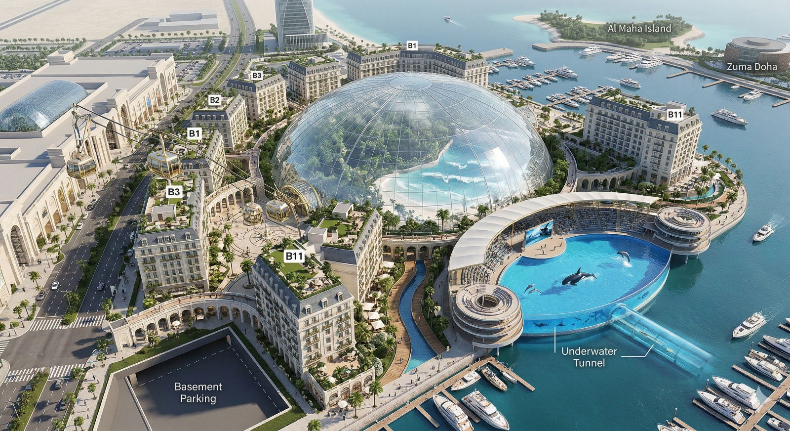 Concept rendering: aerial view of the proposed waterfront destination with its glass dome, marina and marine stadium.
